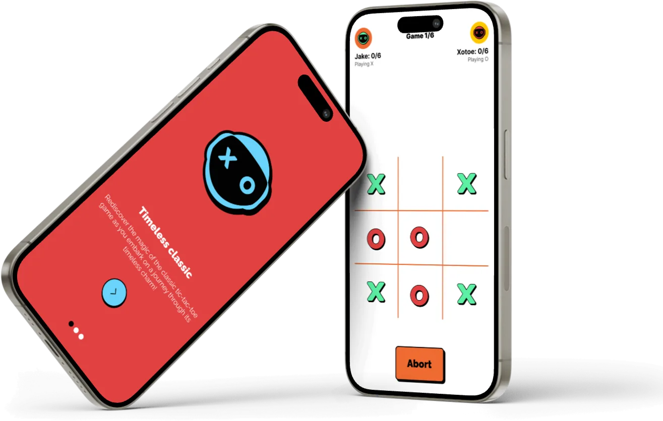 Two Xotoe screens: the red “Timeless classic” onboarding card, and a game in progress with Jake playing X against Xotoe playing O