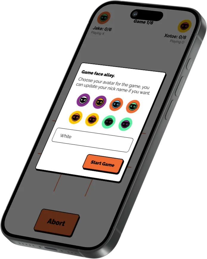 Xotoe's setup screen: the “Game face alley” card with eight helmet avatars, a nickname field and a Start Game button